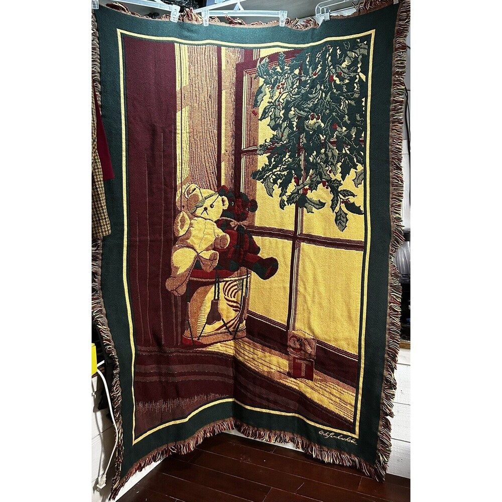Bob Timberlake Knit Throw Blanket 48 x 64 Christmas Teddy Bears Drums Blocks EUC